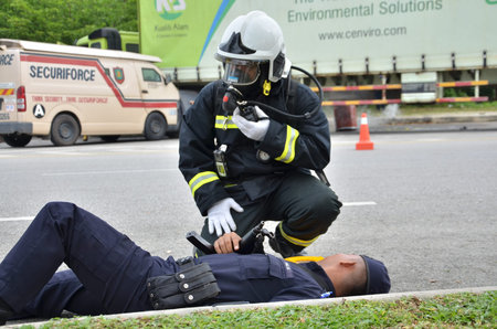 Seremban, Malaysia, 21 December 2017. The special forces Hazmat Fire and Rescue Department of...