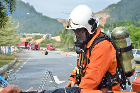 Seremban, Malaysia, 21 December 2017. The special forces Hazmat Fire and Rescue Department of...