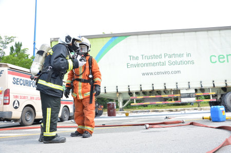 Seremban, Malaysia, 21 December 2019. The special forces Hazmat Fire and Rescue Department of Malaysia, making exercise a chemical spill.のeditorial素材