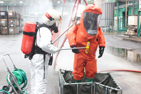 Seremban, Malaysia, 28 October 2015. The special forces Hazmat Fire and Rescue Department of Malaysia, making exercise a chemical spill.のeditorial素材