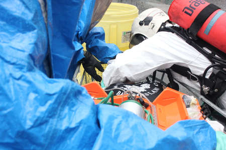 Seremban, Malaysia, 28 October 2015. The special forces Hazmat Fire and Rescue Department of Malaysia, making exercise a chemical spill.のeditorial素材