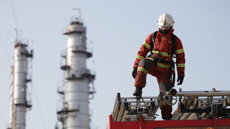 Port Dickson, Malaysia, March 2, 2021- The Hazmat Special Team of the Fire and Rescue Department of Malaysia, conducted hazmat training at the Oil Treatment Center, Port Dickson.のeditorial素材