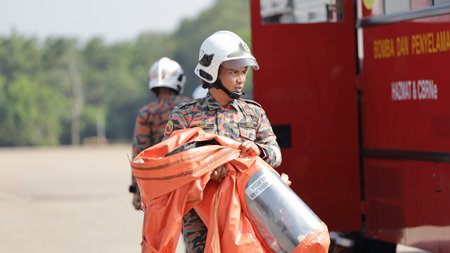 Port Dickson, Malaysia, March 2, 2021- The Hazmat Special Team of the Fire and Rescue Department of...