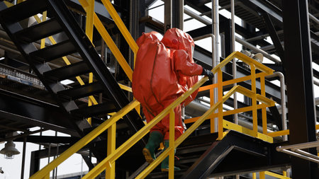 Port Dickson, Malaysia, March 2, 2021- The Hazmat Special Team of the Fire and Rescue Department of Malaysia, conducted hazmat training at the Oil Treatment Center, Port Dickson.のeditorial素材