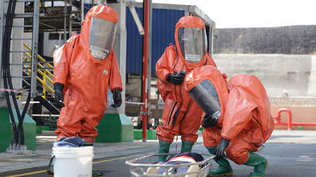 Port Dickson, Malaysia, March 2, 2021- The Hazmat Special Team of the Fire and Rescue Department of Malaysia, conducted hazmat training at the Oil Treatment Center, Port Dickson.のeditorial素材