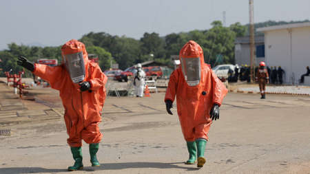 Port Dickson, Malaysia, March 2, 2021- The Hazmat Special Team of the Fire and Rescue Department of Malaysia, conducted hazmat training at the Oil Treatment Center, Port Dickson.のeditorial素材