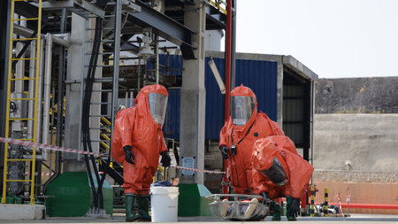 Port Dickson, Malaysia, March 2, 2021- The Hazmat Special Team of the Fire and Rescue Department of Malaysia, conducted hazmat training at the Oil Treatment Center, Port Dickson.のeditorial素材