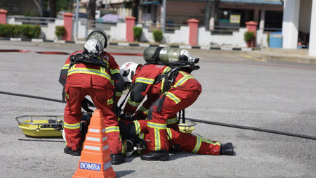 Seremban, Malaysia, February 17, 2021- Special Fire Department of the Fire and Rescue Department of Malaysia, conducts training to improve skills for firefightersのeditorial素材
