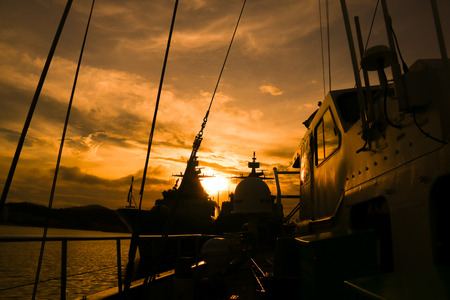 sunset from deck on shipの写真素材