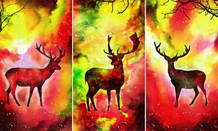 Collection of designer oil paintings. Decoration for the interior. Modern abstract canvas art. Set of pictures.  landscape of deer with red and yellow fantasy galaxy background with starsの写真素材