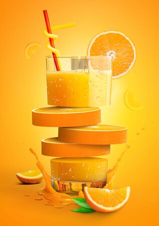 Glass of orange juice with fresh fruits and splashing liquid in  illustration. Fresh sliced orange. advertising. oranges with juice pouring. cut. 3D illustrationの写真素材