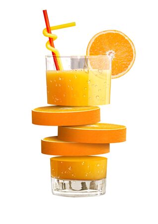 Isolated  glass of orange juice with fresh fruits and splashing liquid in  illustration on white background. Fresh sliced orange. advertising. oranges with juice pouring. cutの写真素材