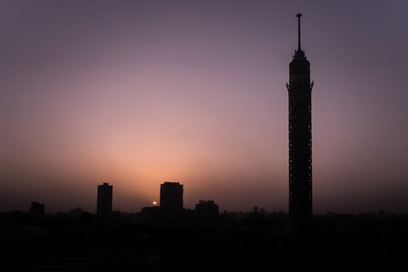 Silhouette shot for Cairo Tower and city in Egypt. The Cairo Tower  is a free-standing concrete...