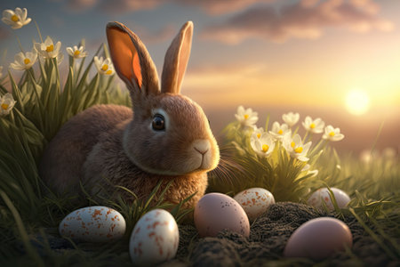 Easter bunny with eggs in the grass at sunset. Easter backgroundの素材