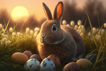 Easter bunny and eggs in the meadow. 3d renderの素材