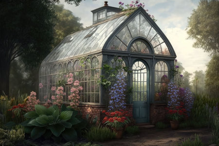 Cultivating Floral Delights in a Summer Greenhouse, Generative AIの素材