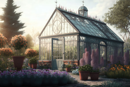 Blooming Beauty in a Serene Greenhouse, Generative AIの素材