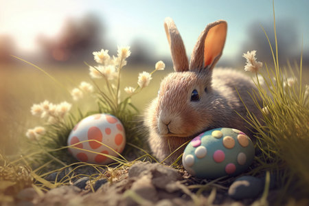 Easter bunny with easter eggs in the grass on nature backgroundの素材