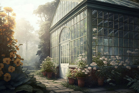 Botanical Paradise in a Lush Garden Greenhouse, Generative AIの素材
