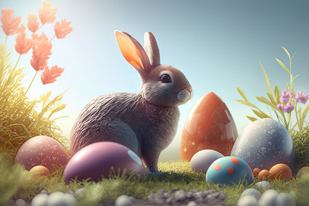 Easter bunny and colorful eggs in the grass. 3d renderの素材