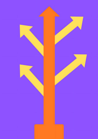 Multiple arrows of orange and yellow diverge from a central point against a purple backdrop.