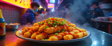 A close-up of a delicious, steaming mound of fried snacks generously drizzled with sauce and topped with fresh ingredients.の素材