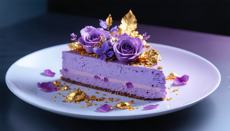 A decadent slice of purple cheesecake sits on a white plate, decorated with delicate flowers and shimmering gold accents.の素材