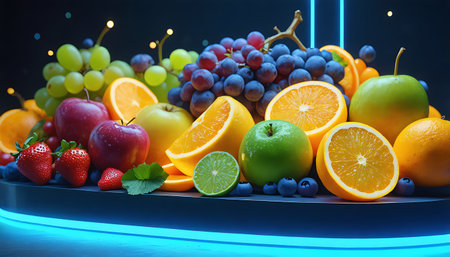 A colorful and abundant display of assorted fresh fruits, artfully arranged and bathed in gentle neon glow.の素材