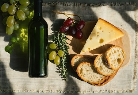 A still life composition featuring a dark green wine bottle, cheese, grapes, and baguette slices on a textured surface.の素材