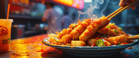 A close-up of a bowl overflowing with savory skewers, emitting steam, with a drink in the background.の素材
