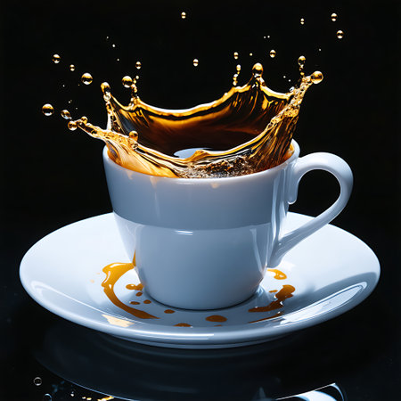 A white teacup and saucer are captured mid-splash with dark coffee erupting dramatically.の素材