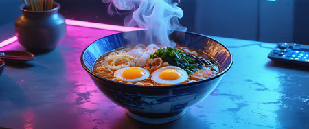 A close-up of a steaming ramen bowl with perfectly cooked eggs, garnished with greens, illuminated by cool neon light.の素材