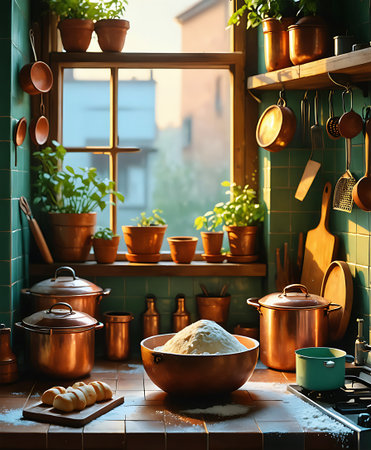 A charming, sunlit kitchen windowsill overflowing with plants, featuring copper cookware and a bowl of flour.の素材
