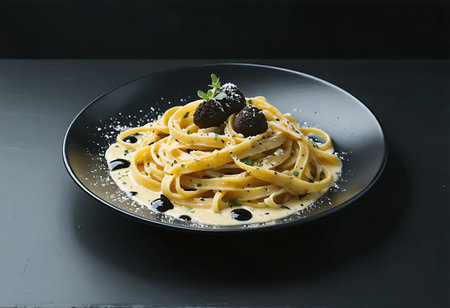 A close-up shot of a gourmet fettuccine pasta dish featuring a rich creamy sauce, black olives, and fresh herb garnish.の素材