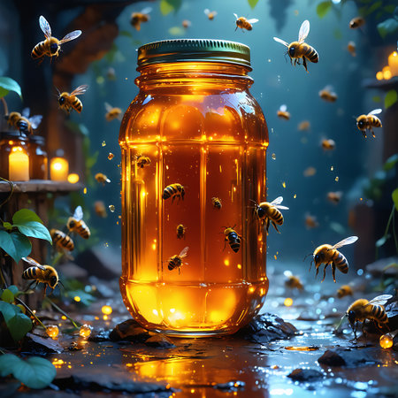 A radiant jar of amber honey glows, swarmed by numerous bees in a magical, dimly lit forest.の素材