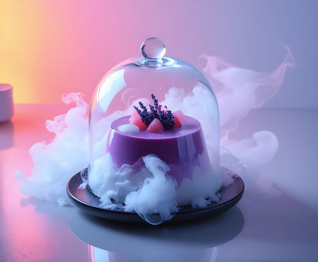 A vibrant purple dessert is presented under a glass cloche, enveloped in swirling white smoke, creating a magical atmosphere.の素材