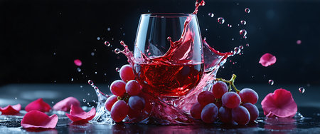 A dramatic splash of red wine erupts from a glass, with grapes and rose petals scattered around.の素材