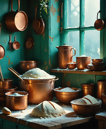 A warm, inviting kitchen corner showcasing copper cookware, flour dusted surfaces, and rising dough ready for baking.の素材