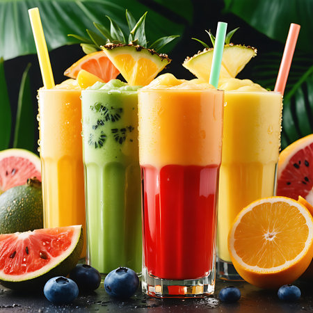 A refreshing collection of colorful fruit smoothies and juices, artfully garnished and surrounded by fresh fruit slices.の素材