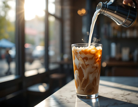 A refreshing iced coffee drink is prepared with milk being poured into it, creating a beautiful swirl.の素材