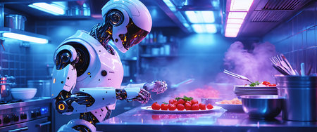 A sophisticated humanoid robot meticulously crafts a vibrant dish in a modern, brightly illuminated, and steamy culinary workspace.の素材