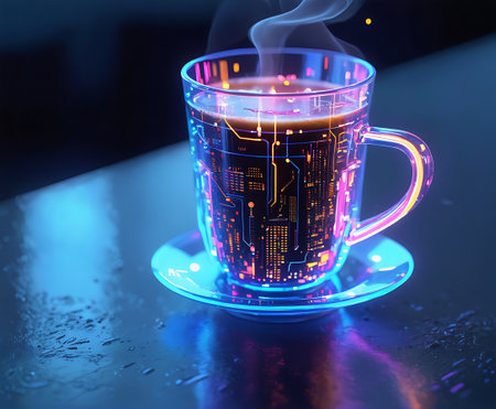 A glass mug of hot coffee sits on a glowing saucer, bathed in vibrant cyberpunk neon light.の素材