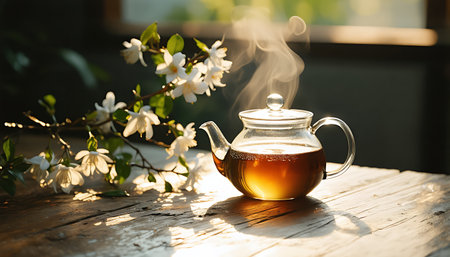 A clear glass teapot filled with amber tea emits steam next to blooming white flowers on a textured wooden surface.の素材
