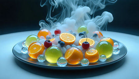 A visually stunning fruit dessert featuring colorful jelly spheres, citrus slices, and berries, enveloped in ethereal dry ice smoke.の素材