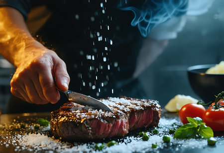 A close-up shot of a chef meticulously seasoning a thick cut of steak with salt and pepper, ready for cooking.の素材