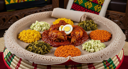 A colorful and abundant Ethiopian platter featuring various stews and vegetable dishes served communally on a woven mesob with injera.の素材