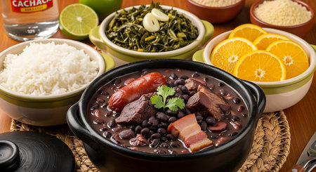 A hearty serving of Brazilian feijoada stew, accompanied by fluffy white rice,の素材