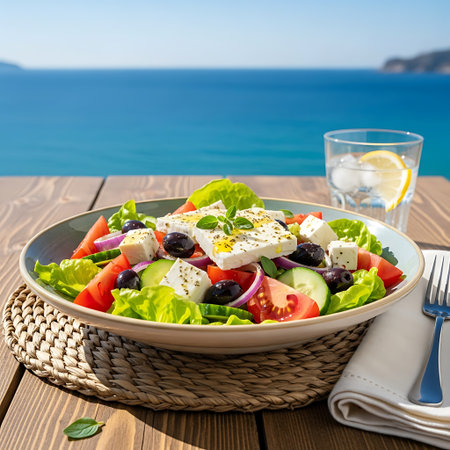 A vibrant Greek salad is served outdoors on a wooden table with a refreshing drink and the sea in the background.の素材