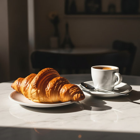 A delicious golden croissant sits on a white plate next to a steaming cup of coffee, bathed in soft morning light.の素材