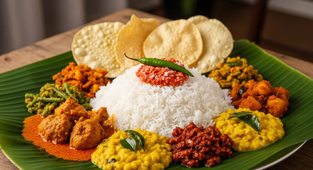 A colorful and abundant South Indian vegetarian meal, featuring rice, various curries, and papadums, presented on a fresh banana leaf.の素材
